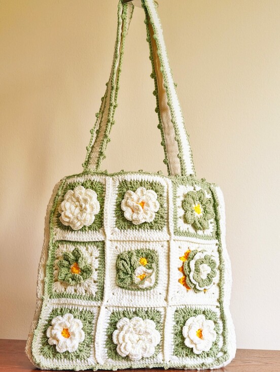 Handmade Handbags - Handmade White Canvas Bag with Mint Green Crochet Trim crochet shoulder bag